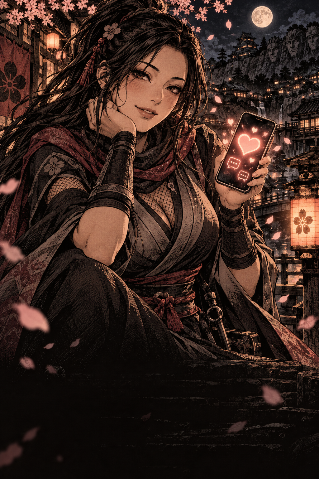 Manga illustration of an adult woman ninja holding a glowing chat phone in a lantern-lit village