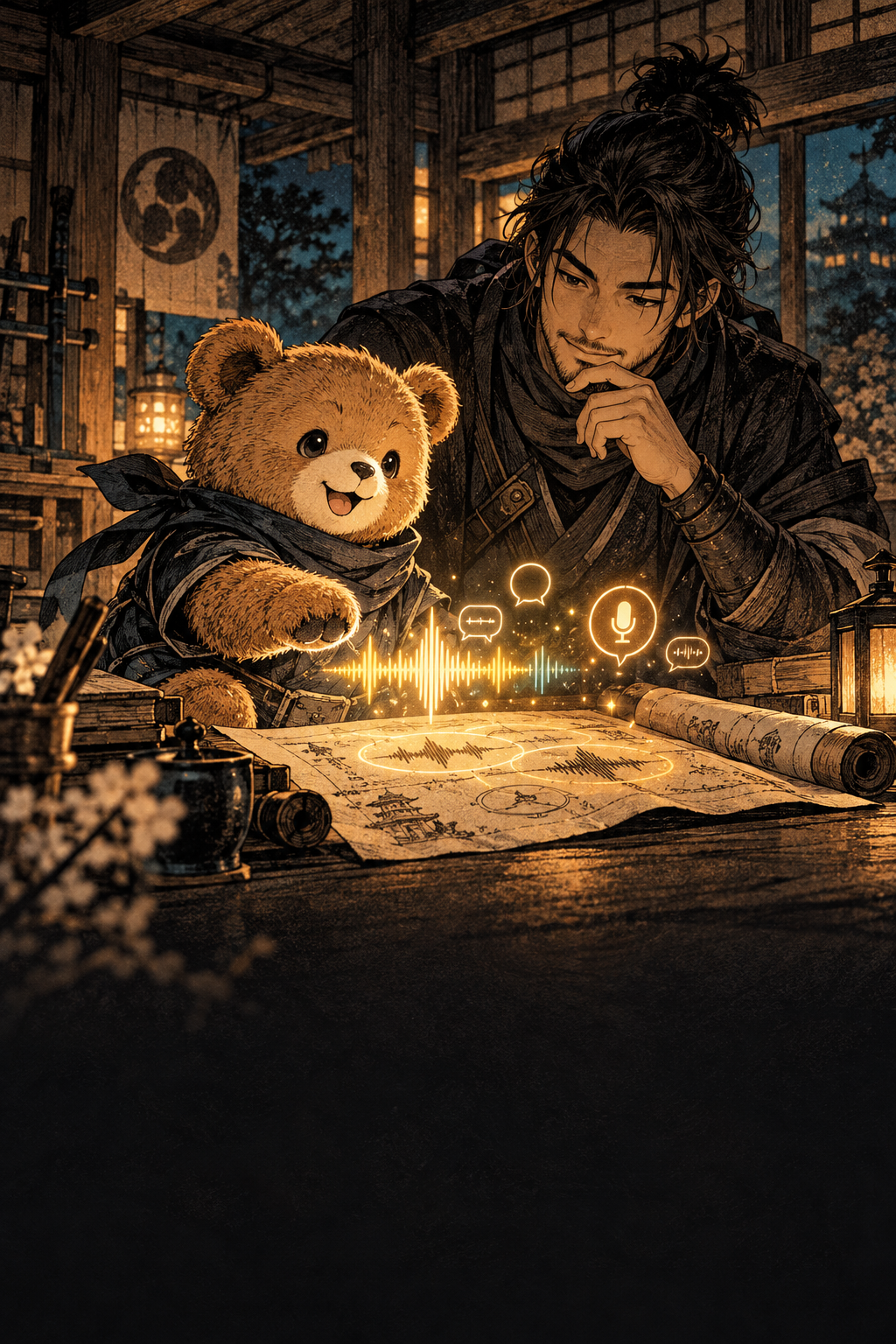 Manga illustration of a teddy bear AI companion and a ninja designer reviewing a glowing voice waveform